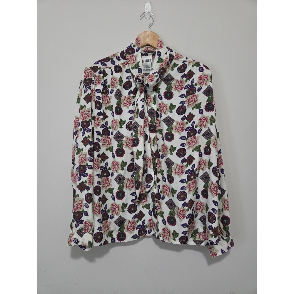 Vintage Koret Floral Medallion Tie Neck Blouse Womens 16 White Pink Long Sleeve